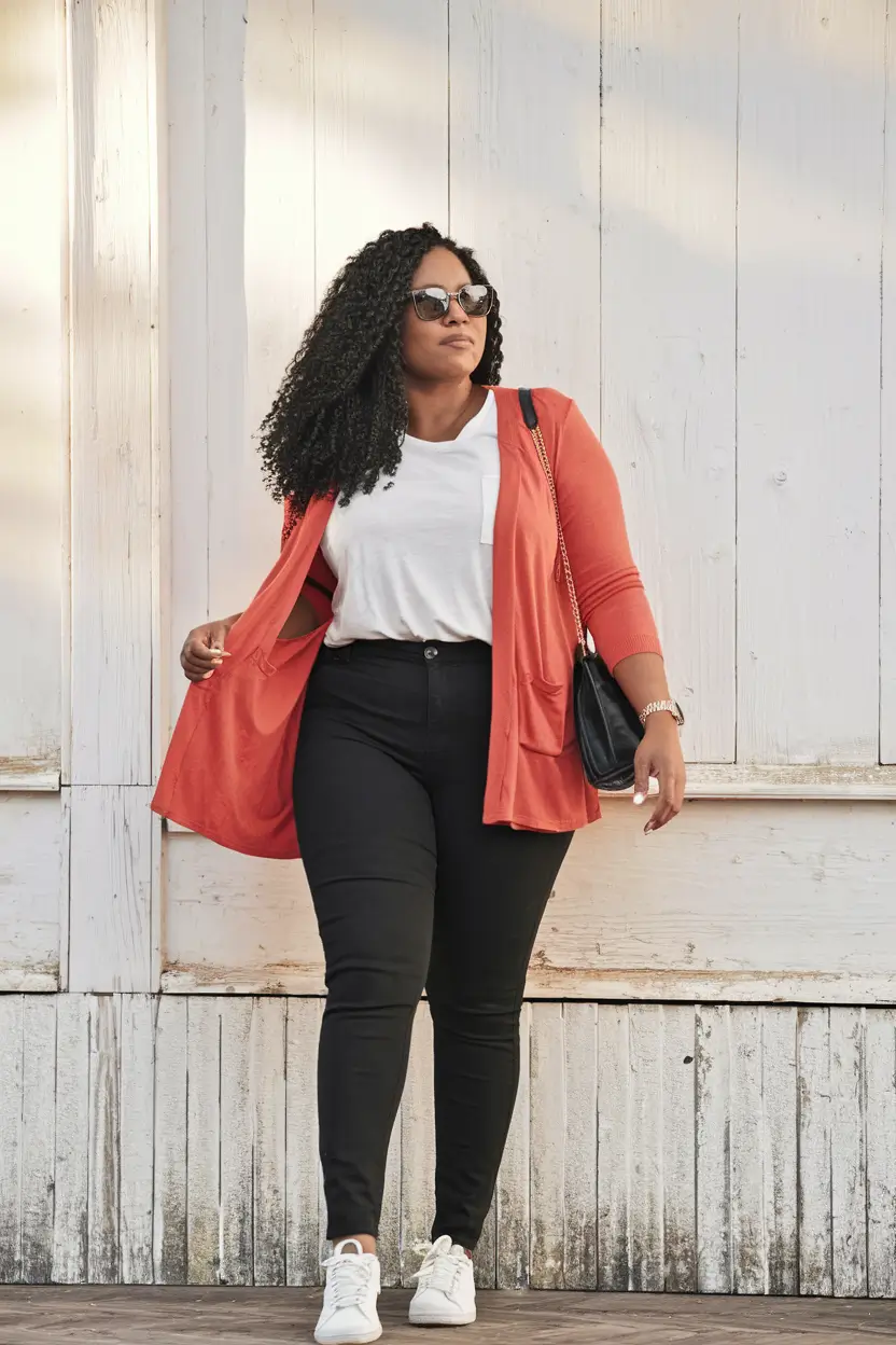 Chic Fall outfits for Curvy Women in 2025 Everyday Cool in Black Denim and Rust Layers