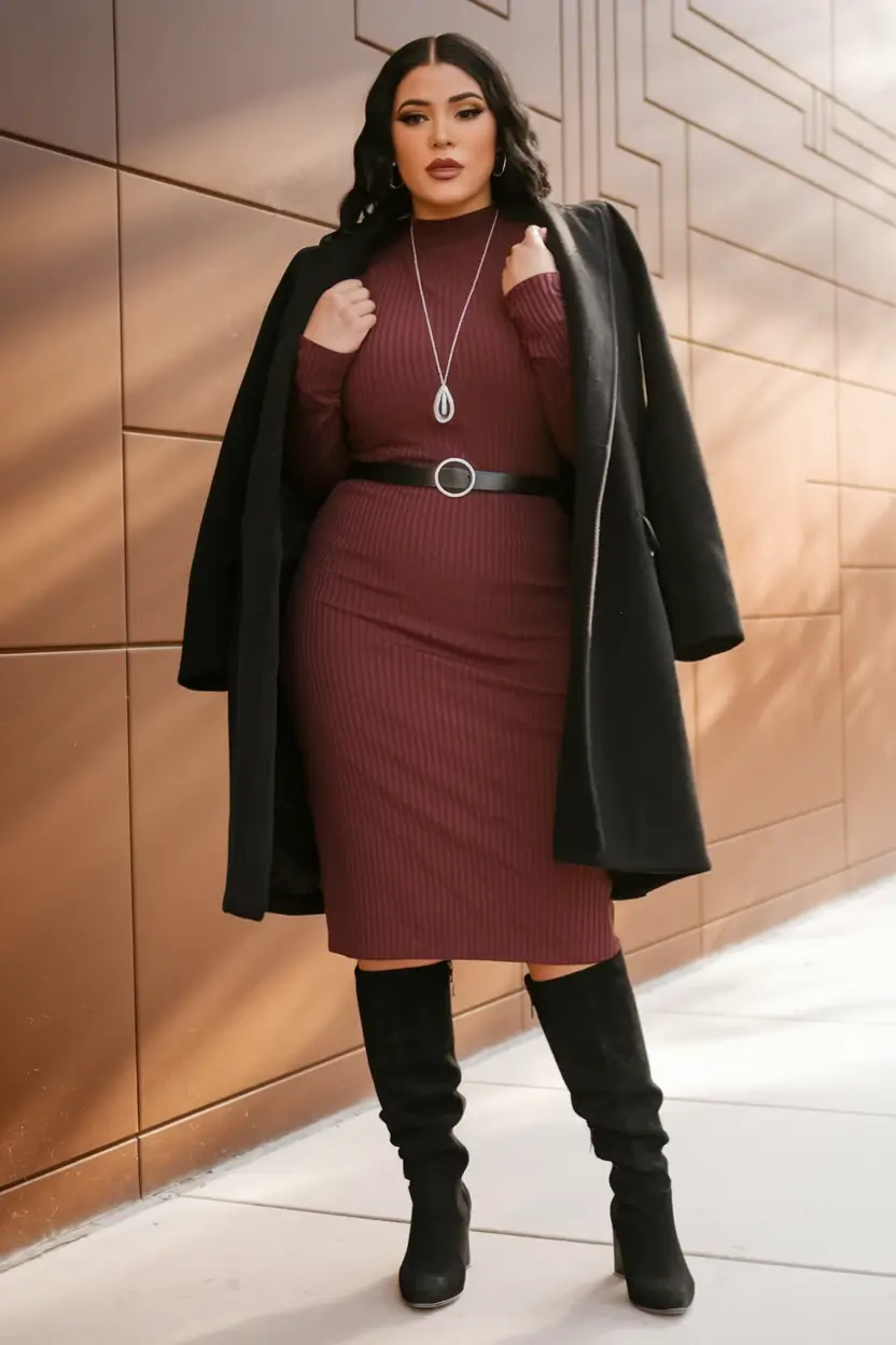 Chic Fall outfits for Curvy Women in 2025 Elegant Edge with a Ribbed Dress and Black Layers