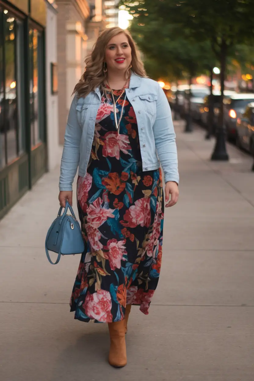 Chic Fall outfits for Curvy Women in 2025+Feminine Florals with Denim Charm