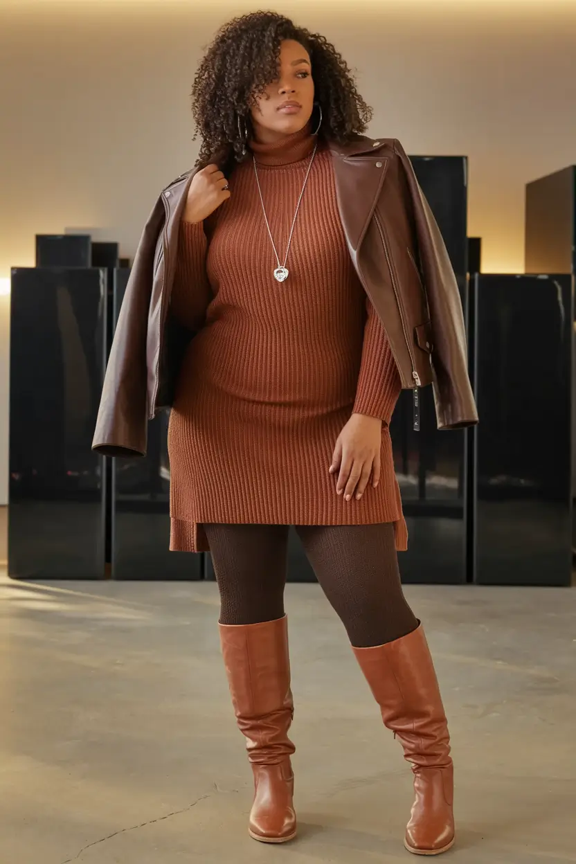 Chic Fall outfits for Curvy Women in 2025+Knit Dress Confidence with a Leather Twist