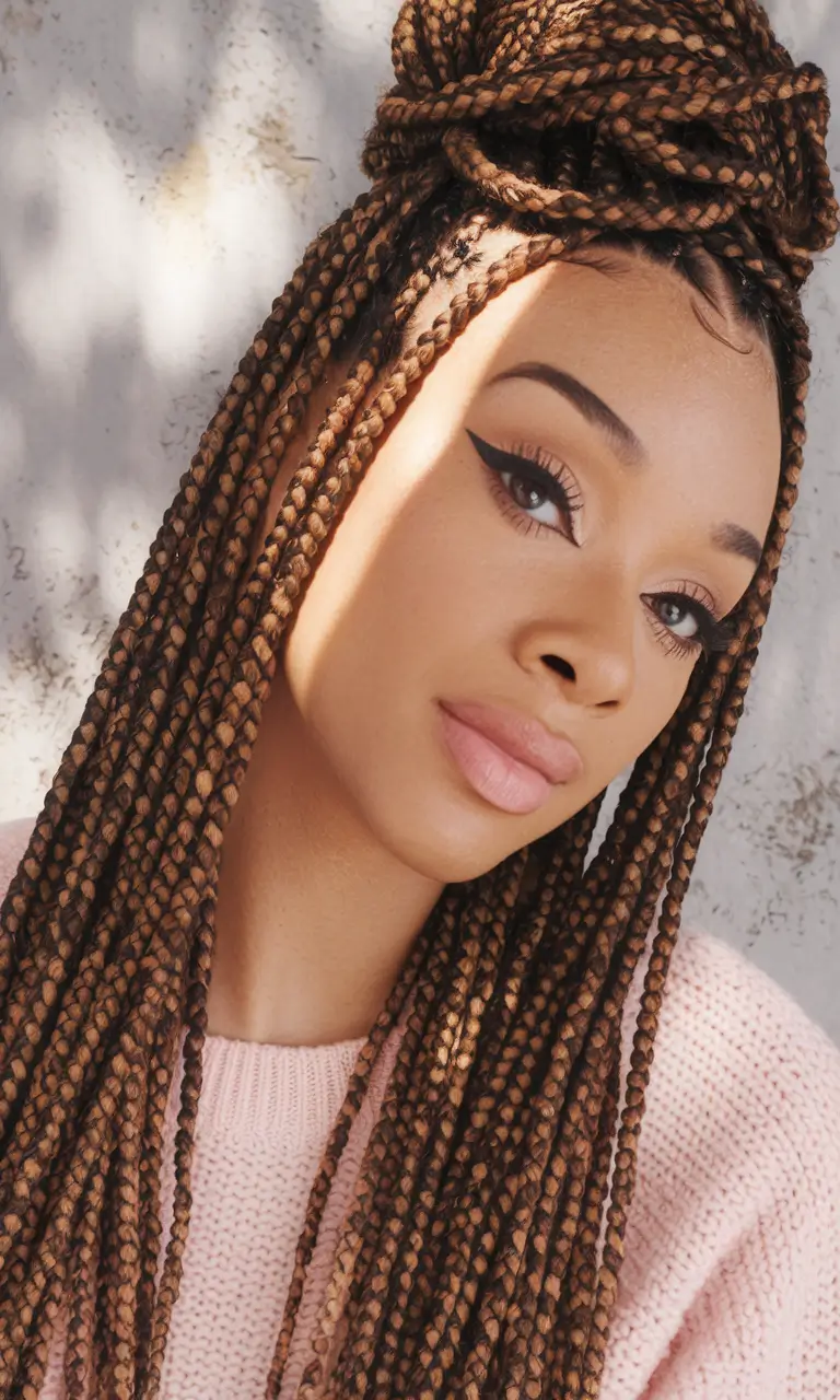 fall black hairstyles braids Honey-Toned Box Braids with High Bun