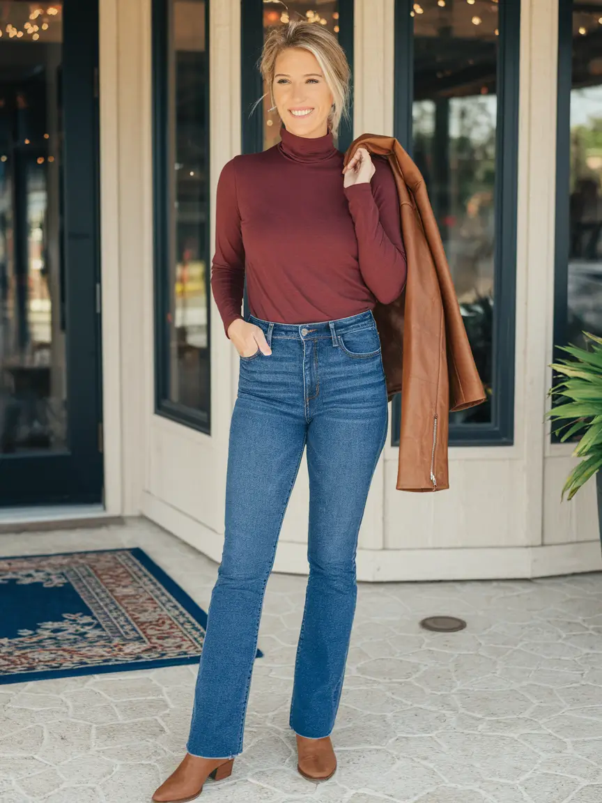 early fall outfits inspiration for 2025+Wine Red and Denim for Work or Weekend