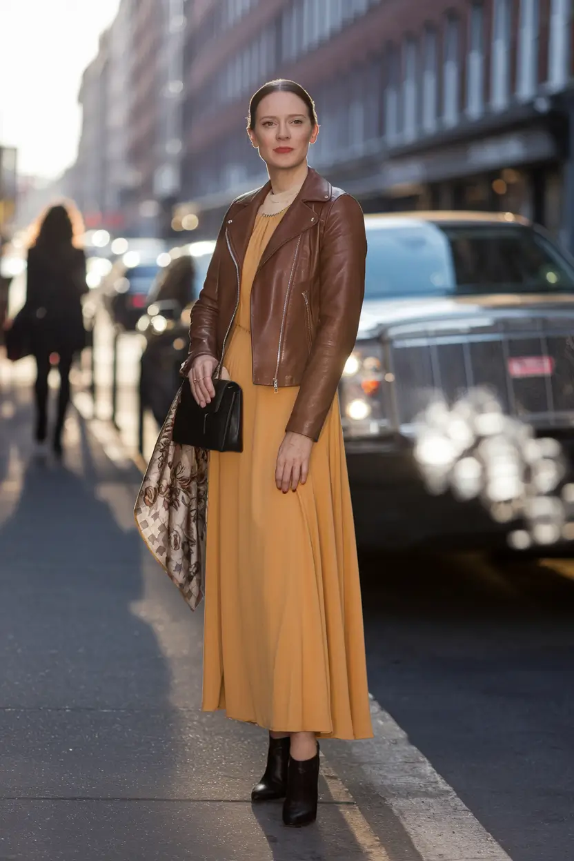 early fall outfits inspiration for 2025+Golden Ochre and Leather Layers