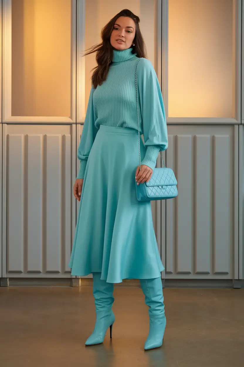 early fall outfits inspiration for 2025+Monochrome Magic in Turquoise