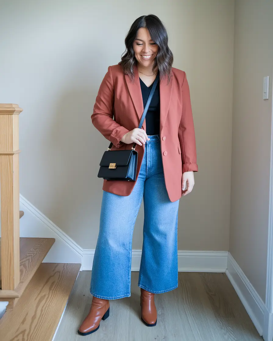 early fall outfits inspiration for 2025+Rust Blazer and Wide-Leg Denim