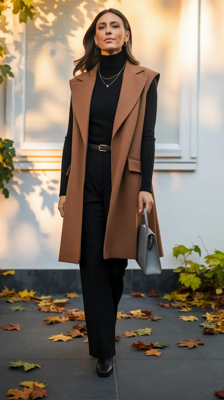 early fall outfits inspiration for 2025+Sleeveless Coats Are Having a Moment