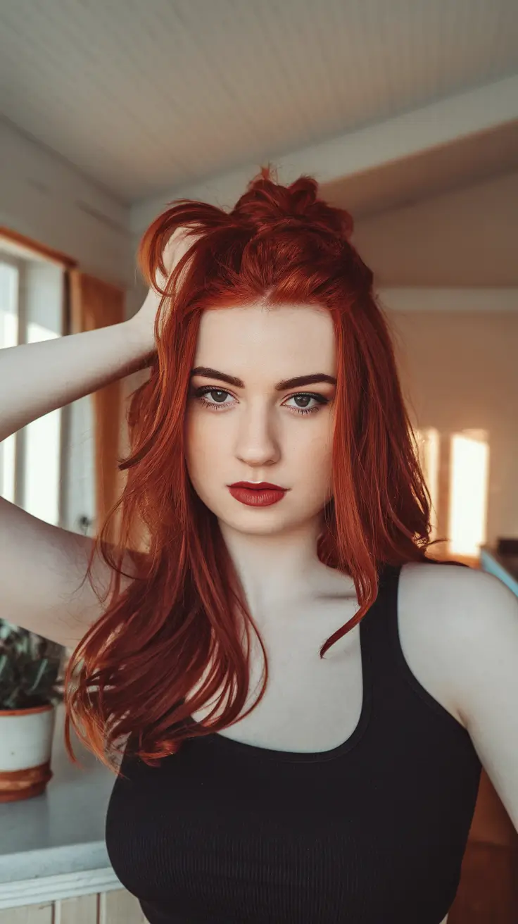 Fall 2025 Hair Colors for Warm Skin Tones+Fiery Half-Up Red with Bold Edge