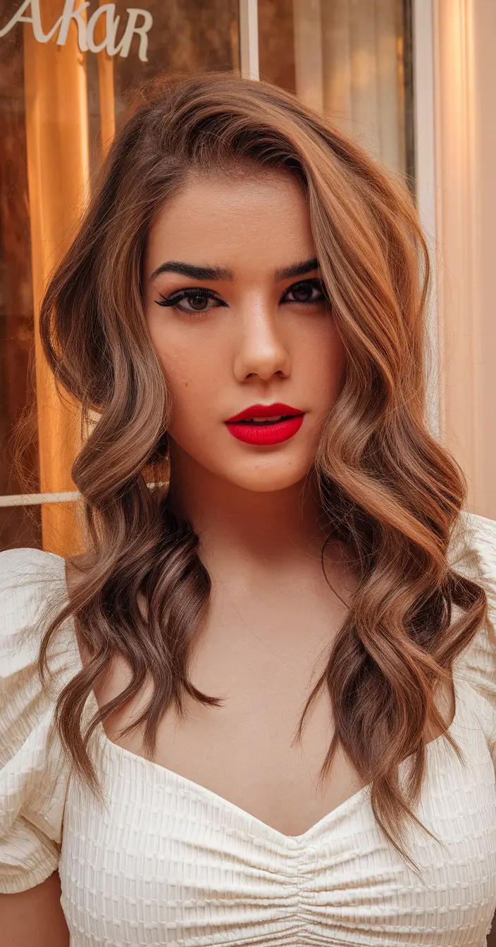 Fall 2025 Hair Colors for Warm Skin Tones Soft Glam Curls with a Golden-Chestnut Blend