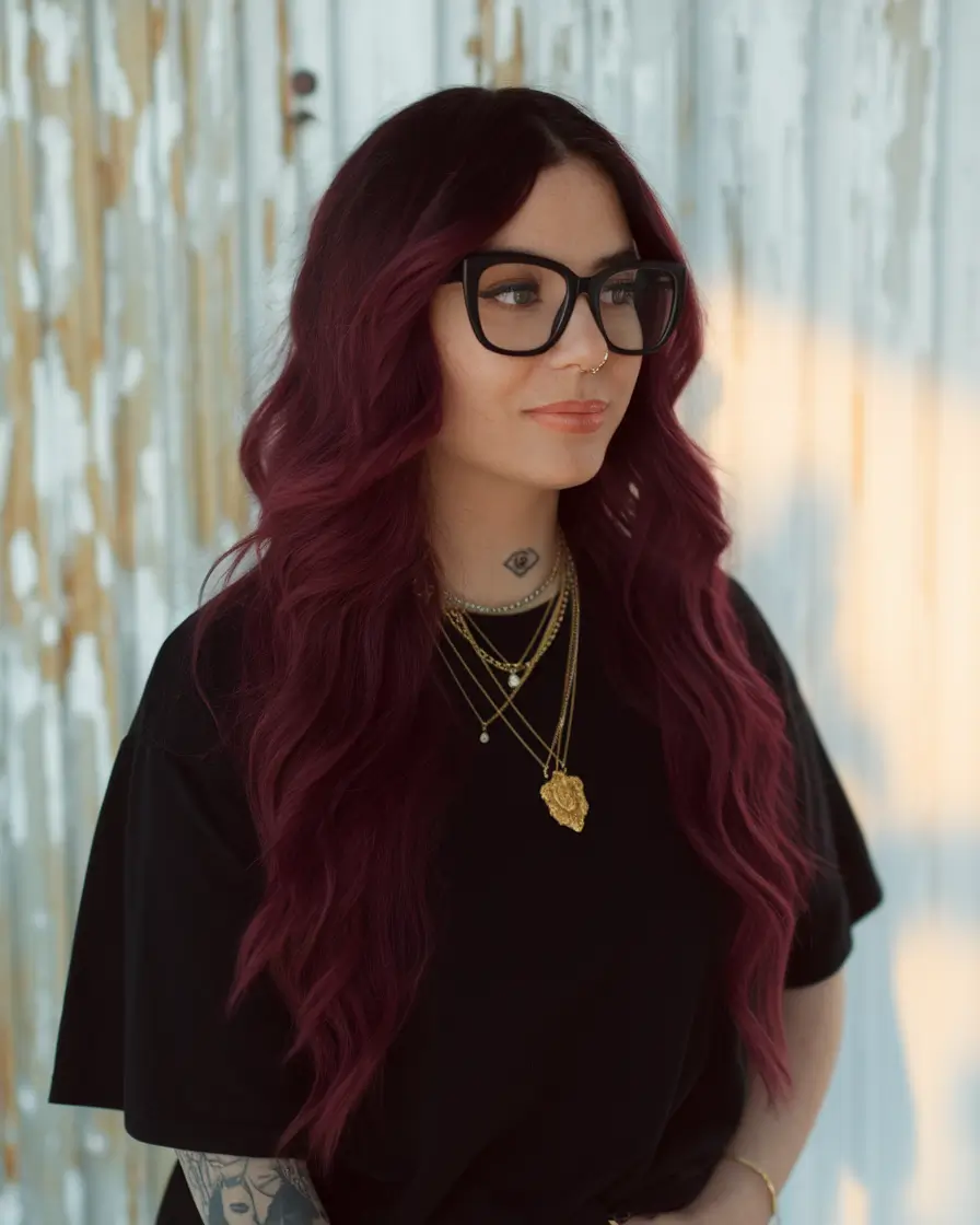 fall hairstyles Deep Plum Waves with Witchy Vibes