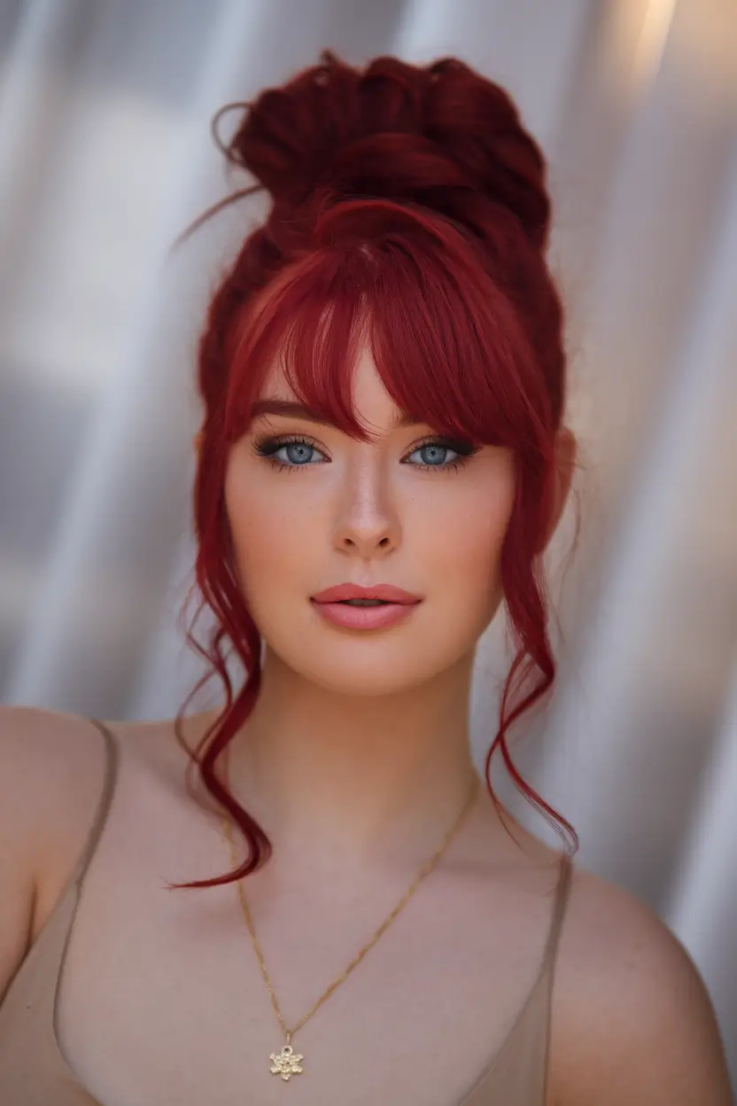 fall hairstyles Messy Red Topknot with Face-Framing Bangs