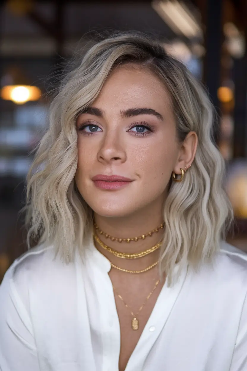 fall hairstyle for medium hair+Modern Blonde Waves with Depth and Definition
