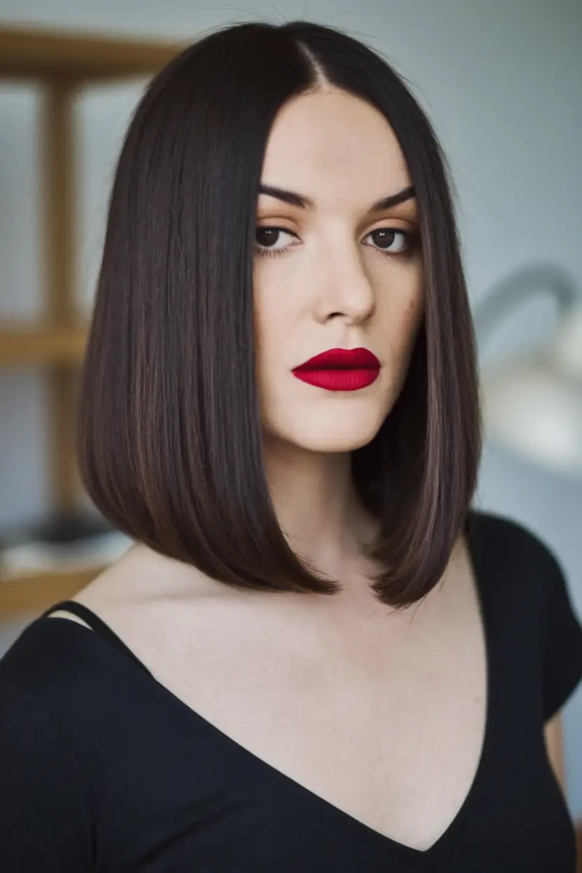fall hairstyle for medium hair+Sharp Middle-Parted Lob with a Glossy Finish