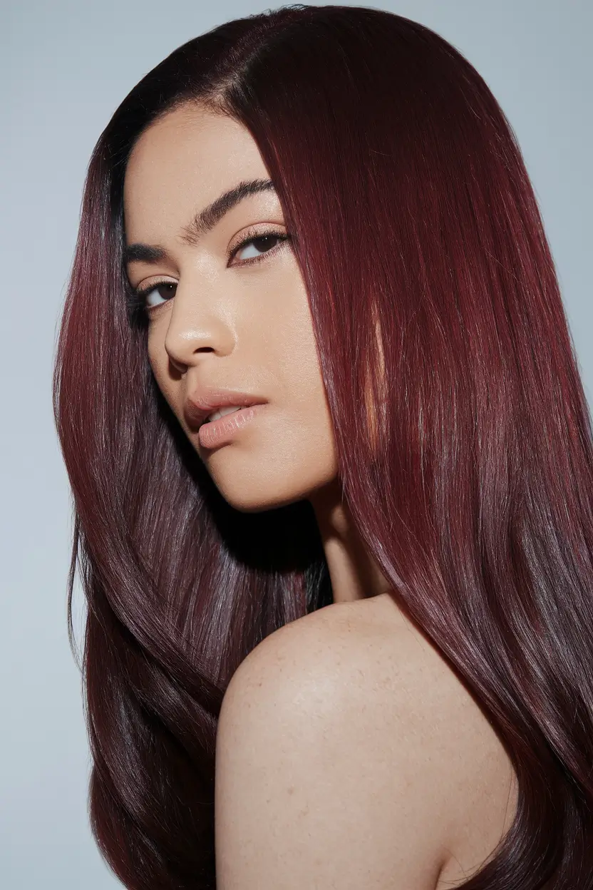 fall hairstyle for medium hair+Ultra-Glossy Burgundy for a Bold Fall Moment