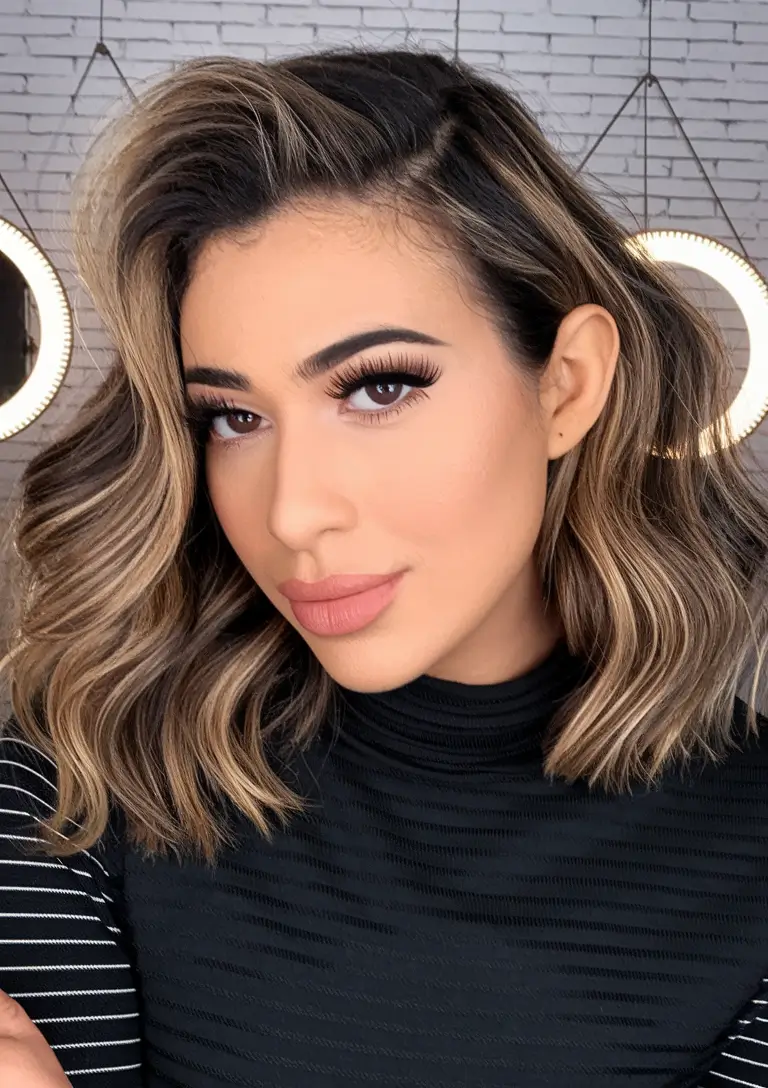 fall hairstyle for medium hair+Voluminous Shoulder-Length Lob with Blonde Ribbons