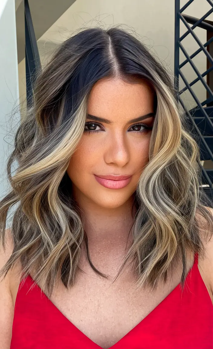 fall hairstyle for medium hair+Face-Framing Balayage with Mid-Part Volume