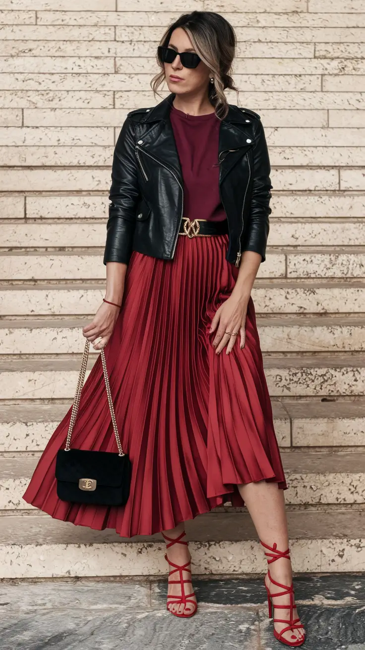 Women fashion outfits casual autumn street Bold Pleats Meet Motorcycle Edge
