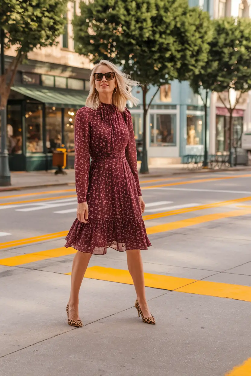 Women Fashion outfits casual autumn street Romantic Layers in Burgundy Florals