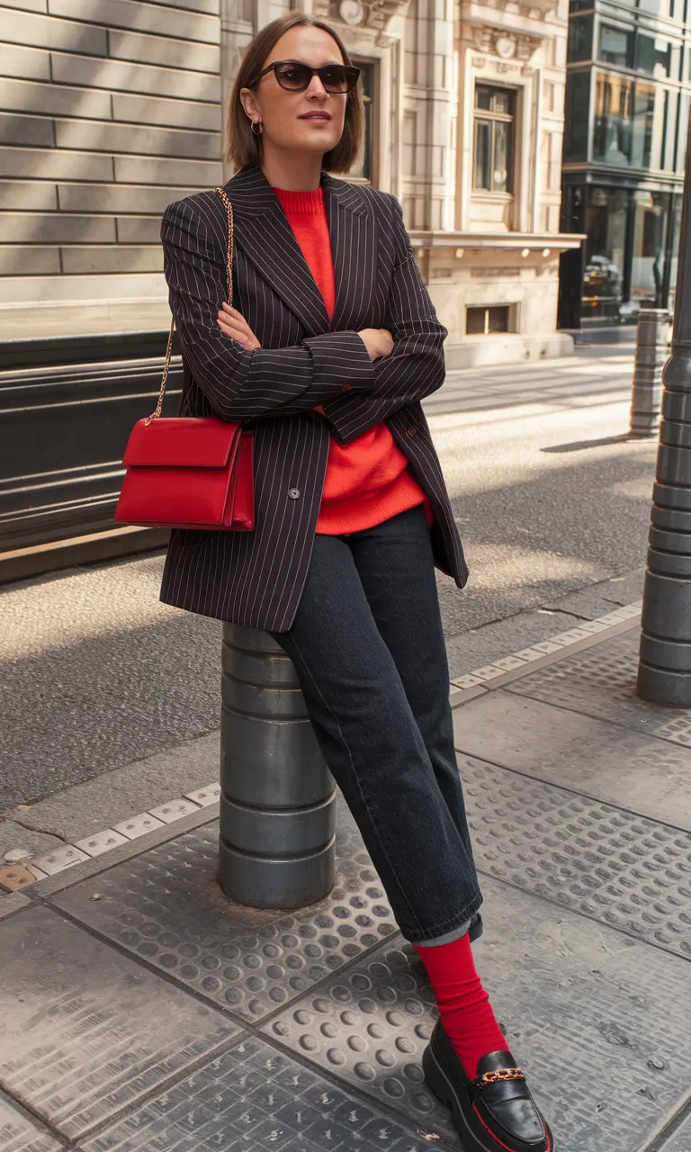 Women fashion outfits casual autumn street Pinstripe Power With a Pop