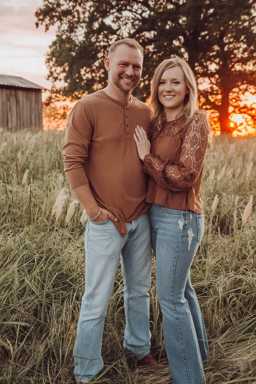 fall family photo outfits ideas 2025+Sunset Neutrals and Soft Denim Layers