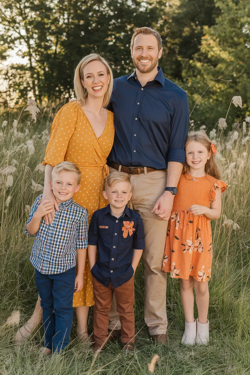fall family photo outfits ideas 2025+Golden Florals and Color Combos That Pop