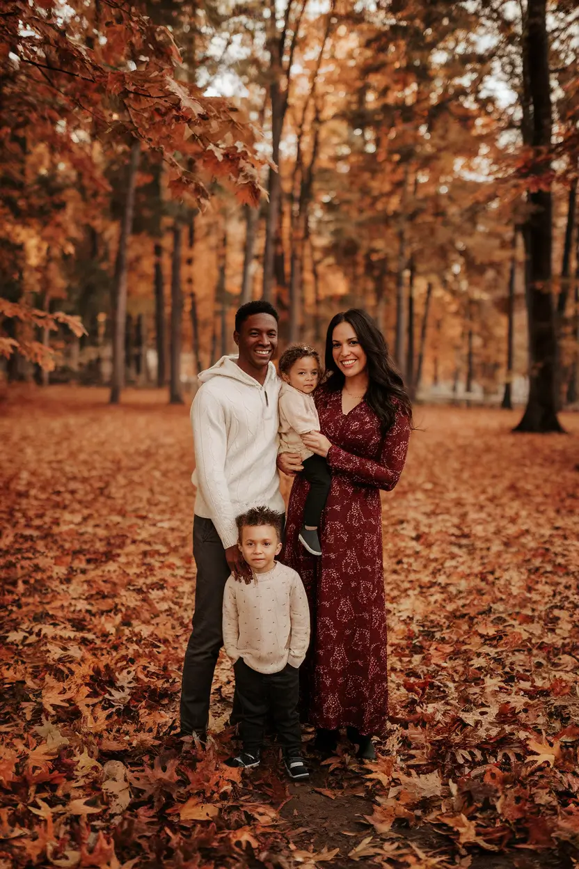 fall family photo outfits ideas 2025+Rust Tones and Rich Textures in the Leaves