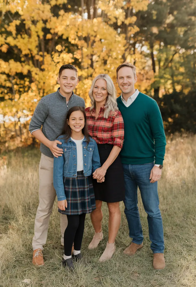 fall family photo outfits ideas 2025+Classic Plaids and Jewel Tone Coordination