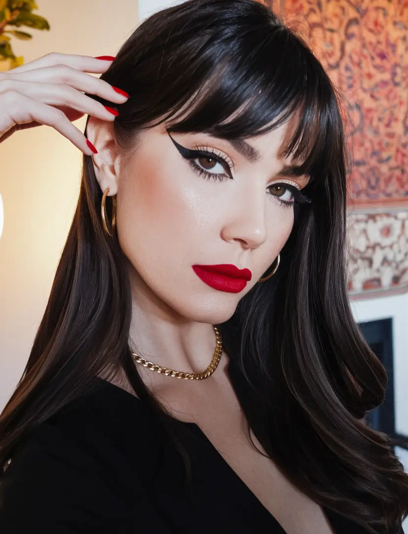 Fall hair color ideas 2025 for women over 40 Dark Cocoa with Glossy Micro Bangs