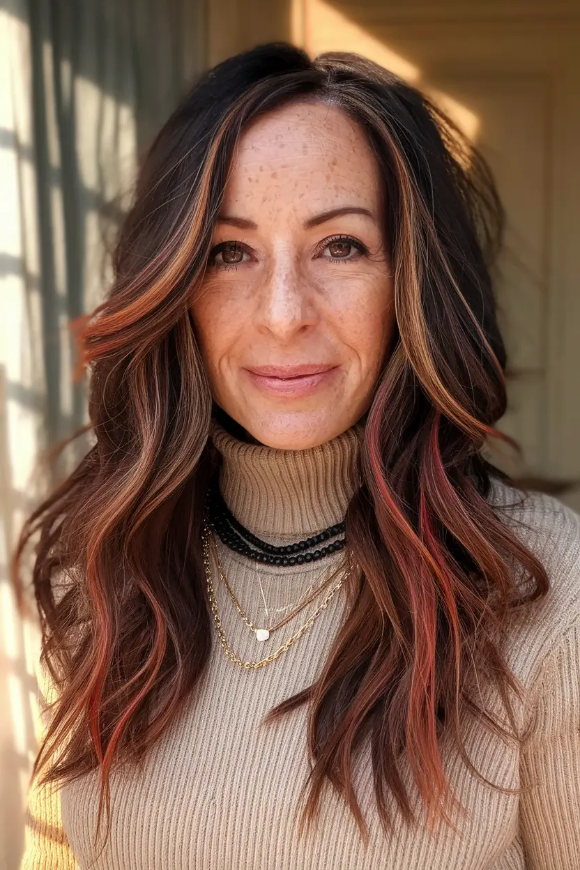 Fall hair color ideas 2025 for women over 40 Dimensional Brown with Burnt Copper Panels