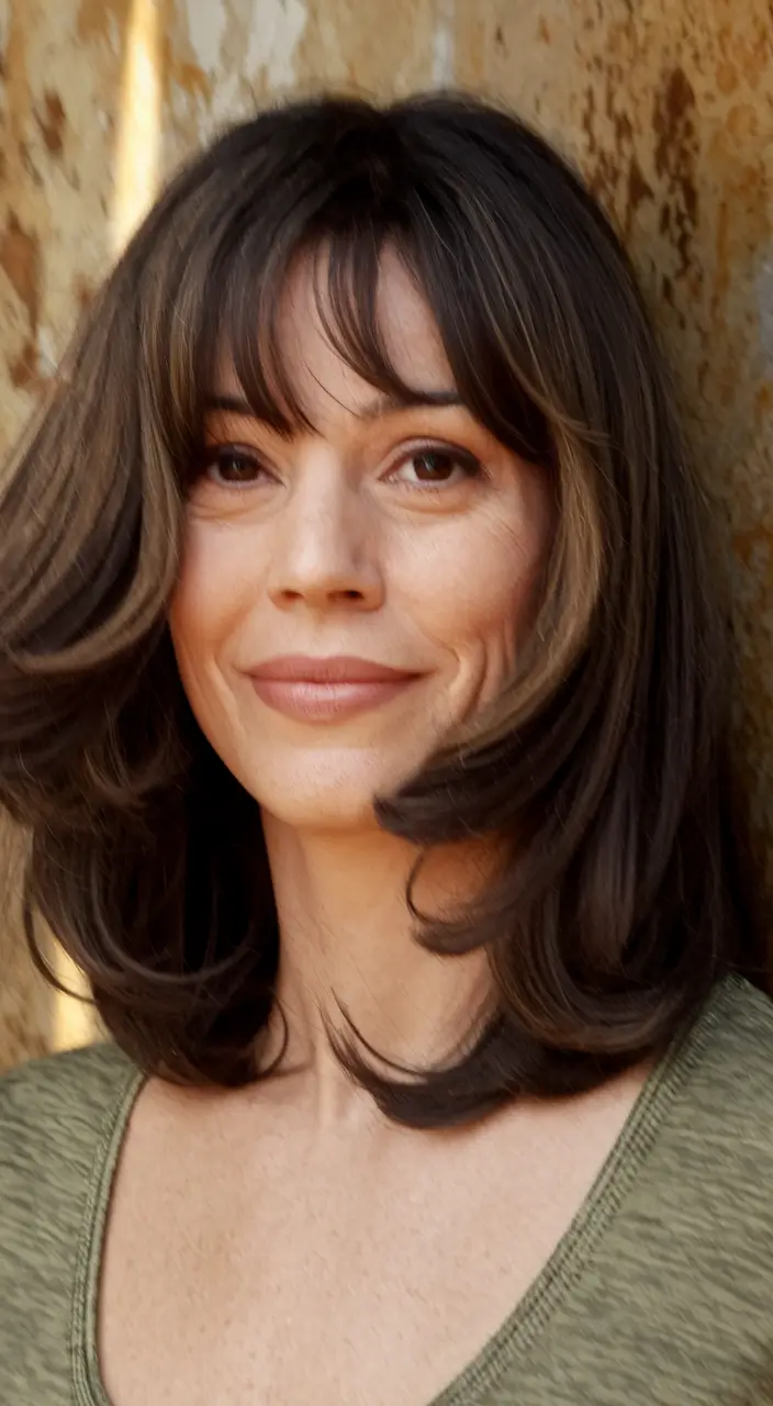 Fall hair color ideas 2025 for women over 40 Feathered Chestnut Layers with Curtain Bangs