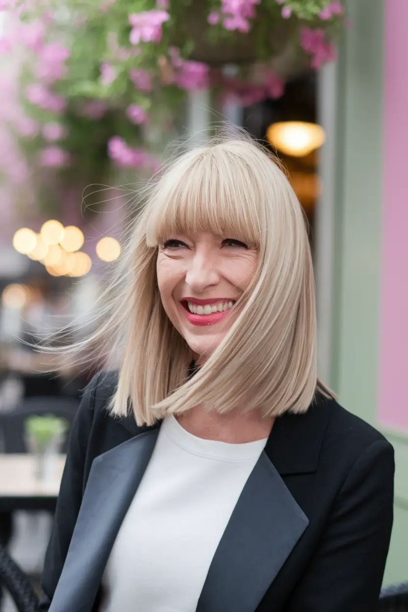 Fall hair color ideas 2025 for women over 40 Platinum Blunt Bob with Soft Bangs
