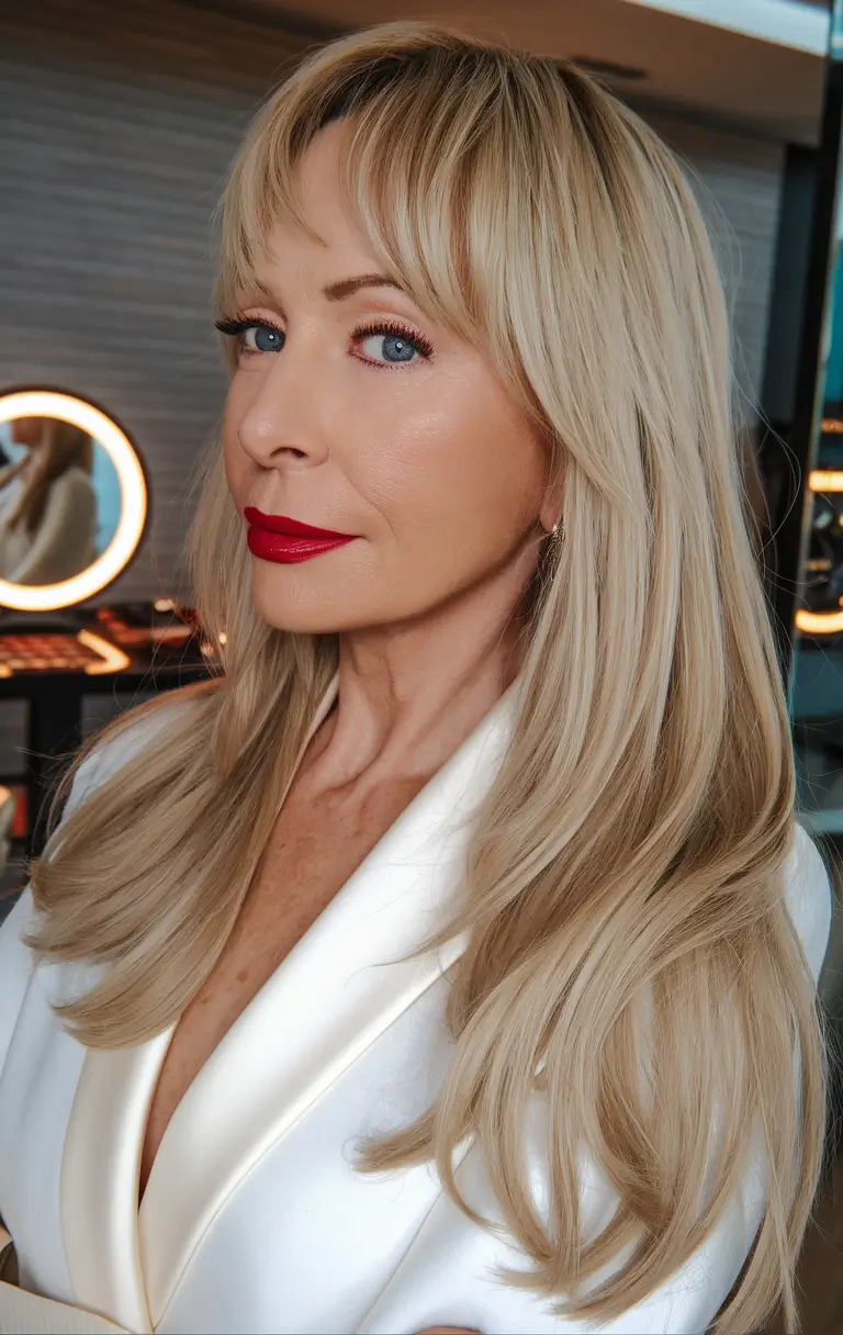Fall hair color ideas 2025 for women over 40 Champagne Blonde Layers with Face-Framing Fringe