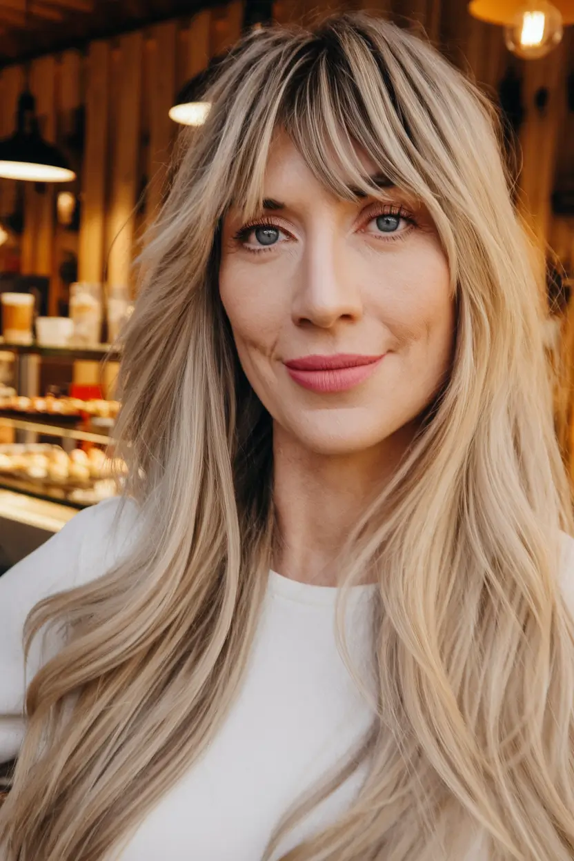 Fall hair color ideas 2025 for women over 40 Buttery Blonde with Wispy Fringe