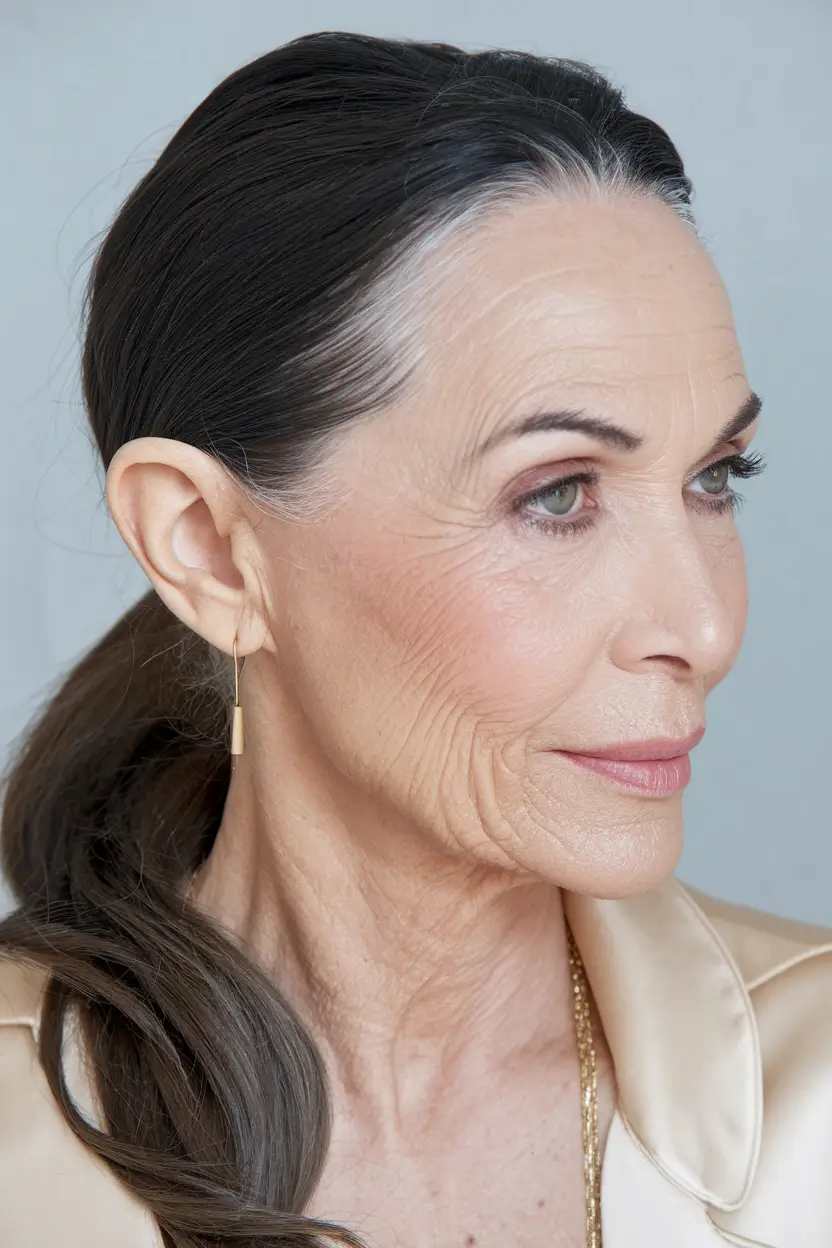 fall hair color ideas for women over 50 Soft Brunette with Silver Streaks and Sleek Ponytail Elegance