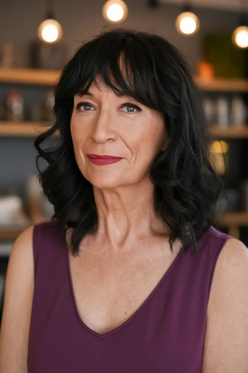 fall hair color ideas for women over 50 Jet Black Curls with Soft Fringe and Mystery