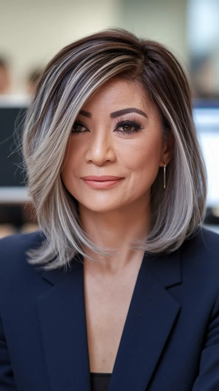 fall hair color ideas for women over 50 Silver Smoke Balayage with Dark Base Dimension