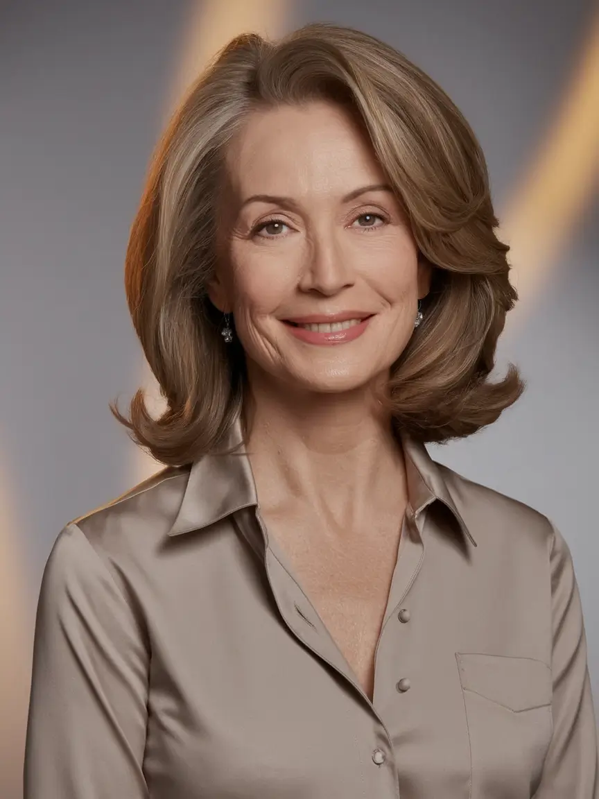 fall hair color ideas for women over 50 Golden Mushroom Brown with Bouncy Volume