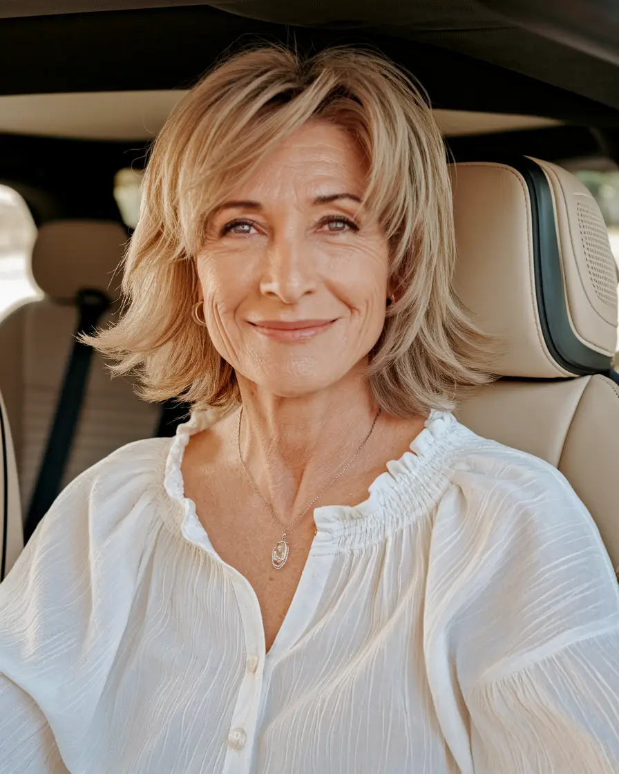 fall hair color ideas for women over 50 Feathered Blonde with Natural Warmth