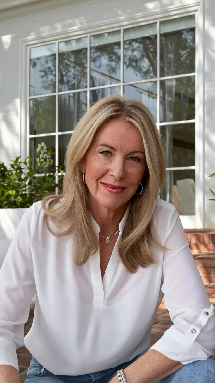 fall hair color ideas for women over 50 Warm Champagne Blonde Layers for a Natural Glow