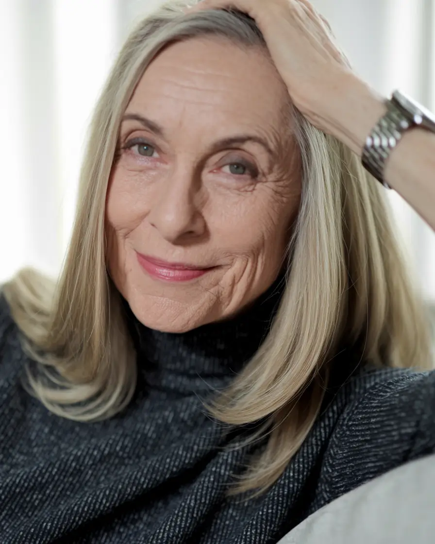 fall hair color ideas for women over 50 Cool Blonde with Feathered Layers and Soft Movement