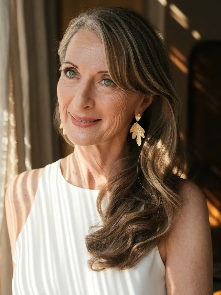 fall hair color ideas for women over 50 Golden Mocha Curls with Natural Grey Framing