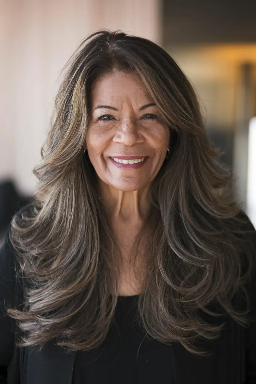 fall hair color ideas for women over 50 Layered Burnett with Balayage and Soft Blonde Tipping