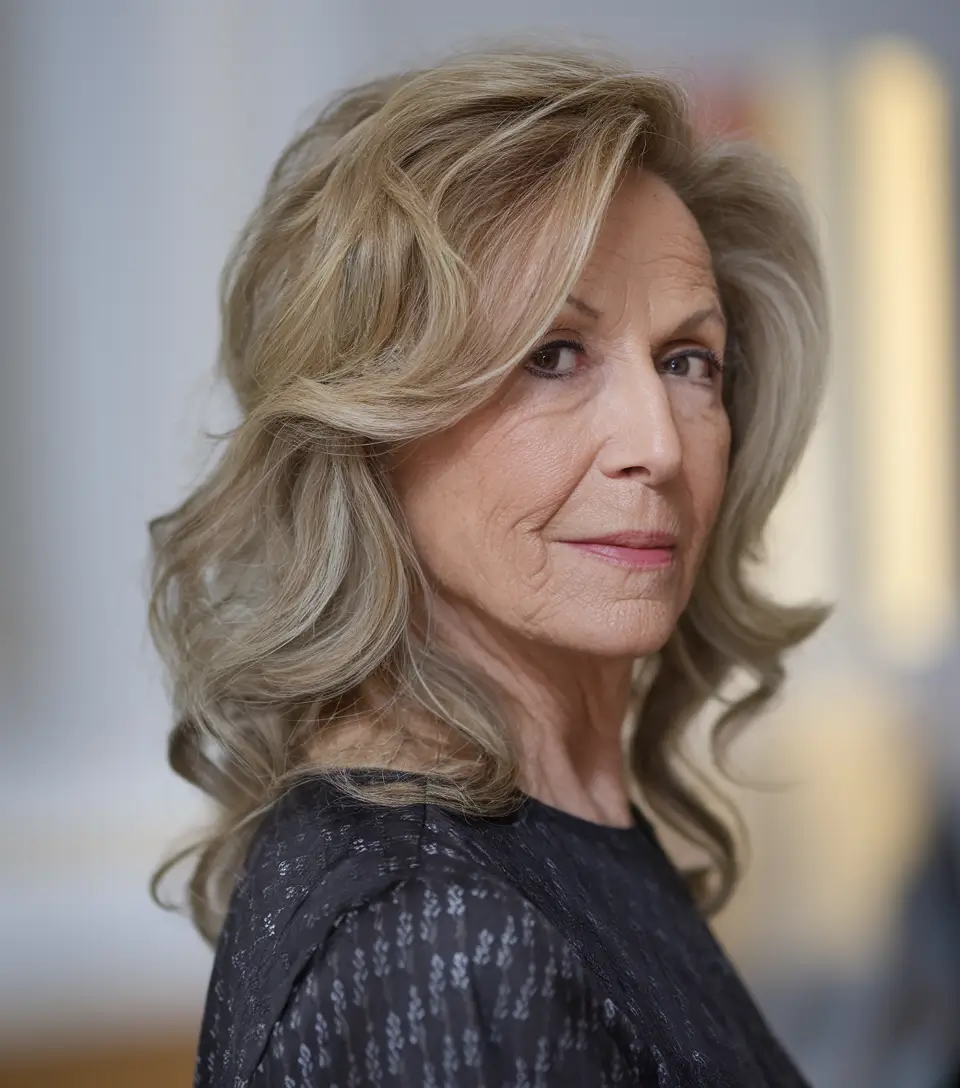 Fall hair color ideas 2025 for women over 60 - Cool Beige Curls with Windswept Layers