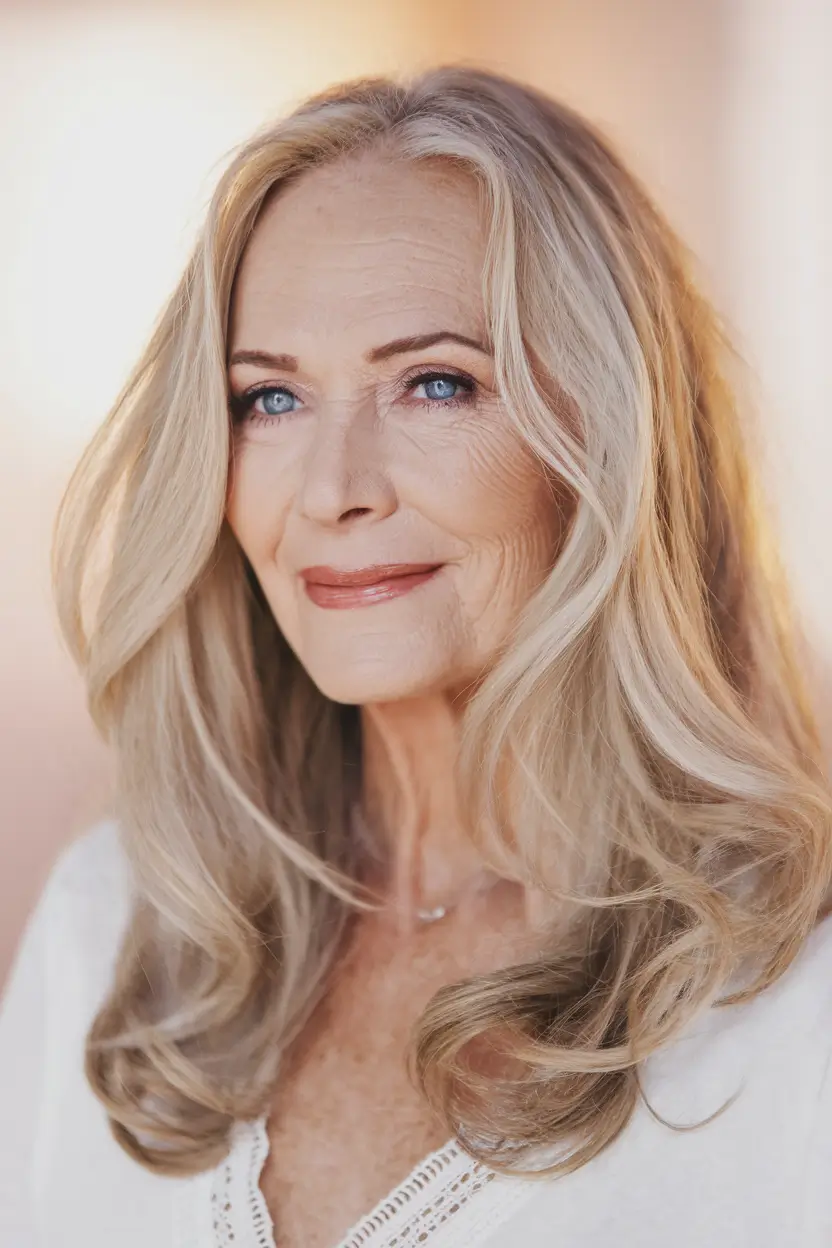 Fall hair color ideas 2025 for women over 60 - Golden Champagne Layers with Dimensional Curls