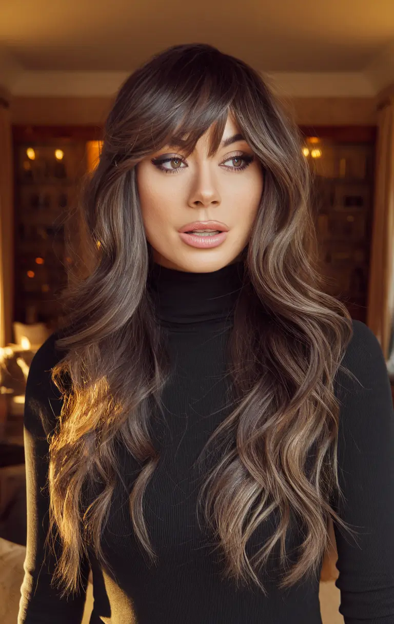 Fall Hair Color Ideas for Brunette 2025 Shadow Taupe Curtain Fringe