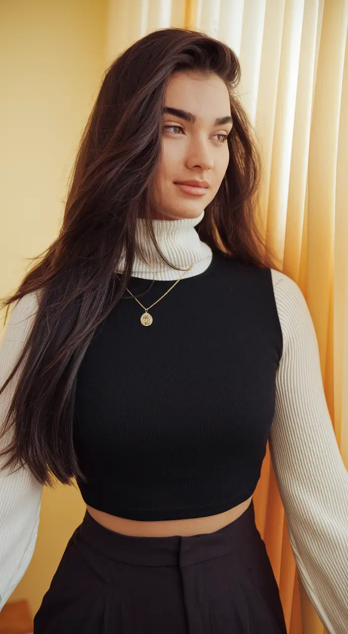 Fall Hair Color Ideas for Brunette 2025 Walnut Mocha Turtleneck Layers