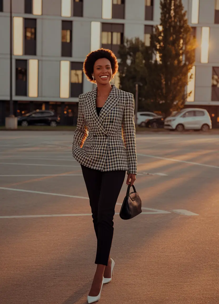 fall office outfits for women ideas 2025+Plaid Blazer and Black Skinny Pant Combo