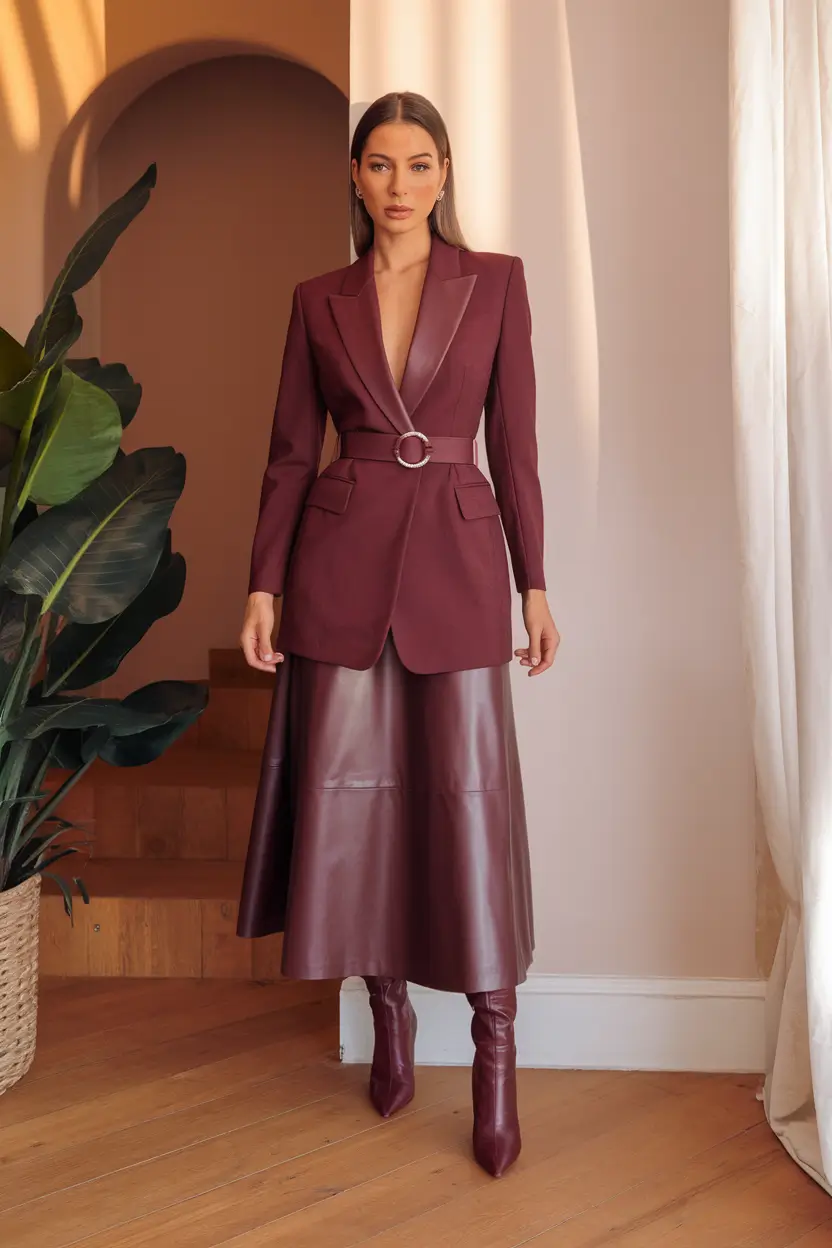 fall office outfits for women ideas 2025+Head-to-Toe Burgundy Leather Luxe