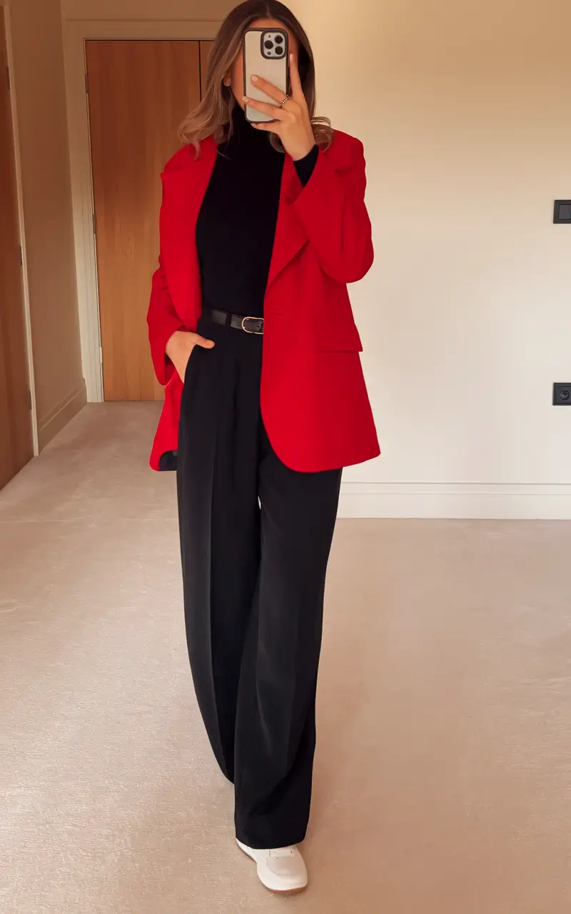 fall office outfits for women ideas 2025+Red Blazer Power Look with Sneakers
