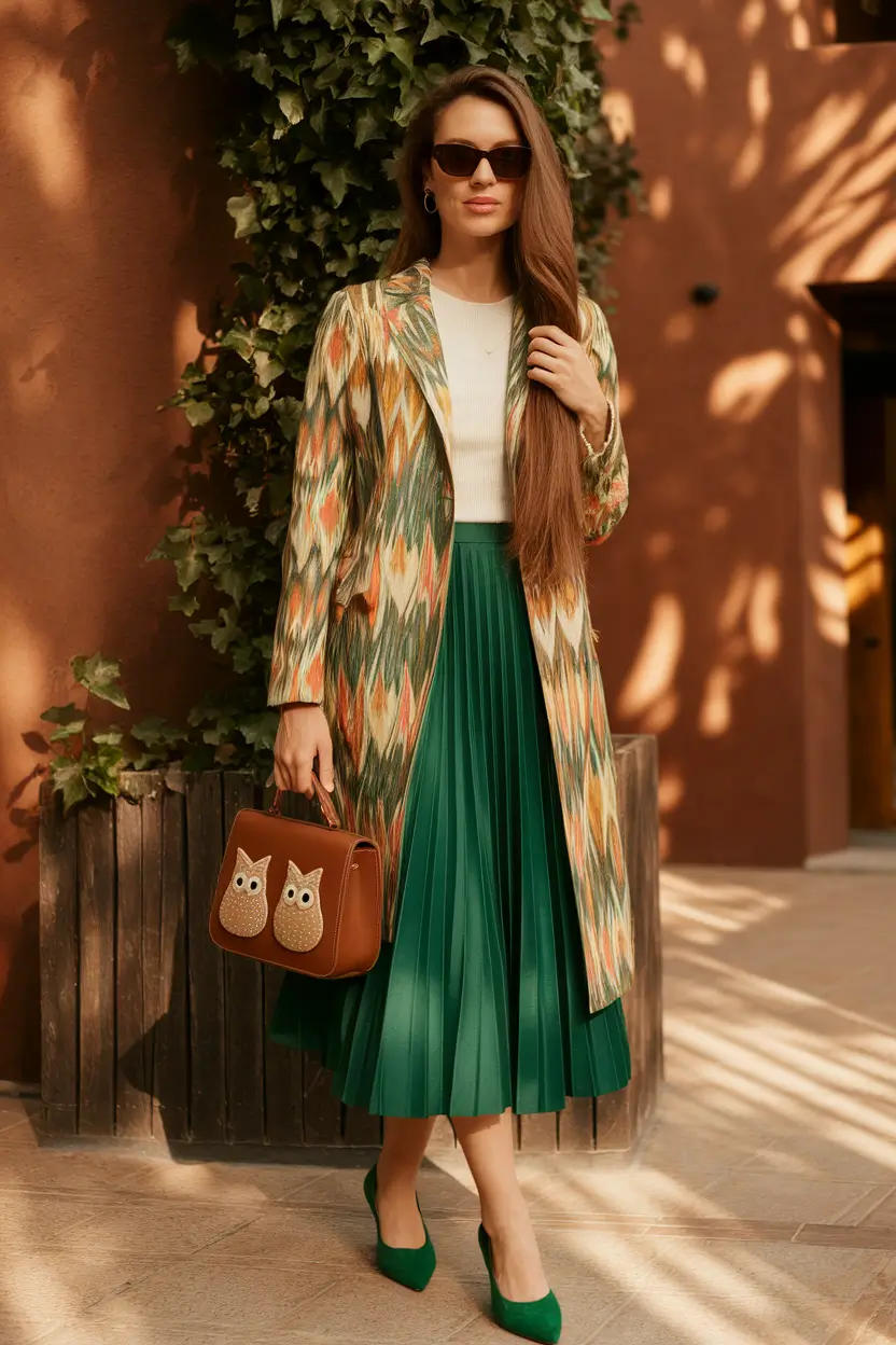 fall office outfits for women ideas 2025+Green Midi Skirt Meets Boho Print