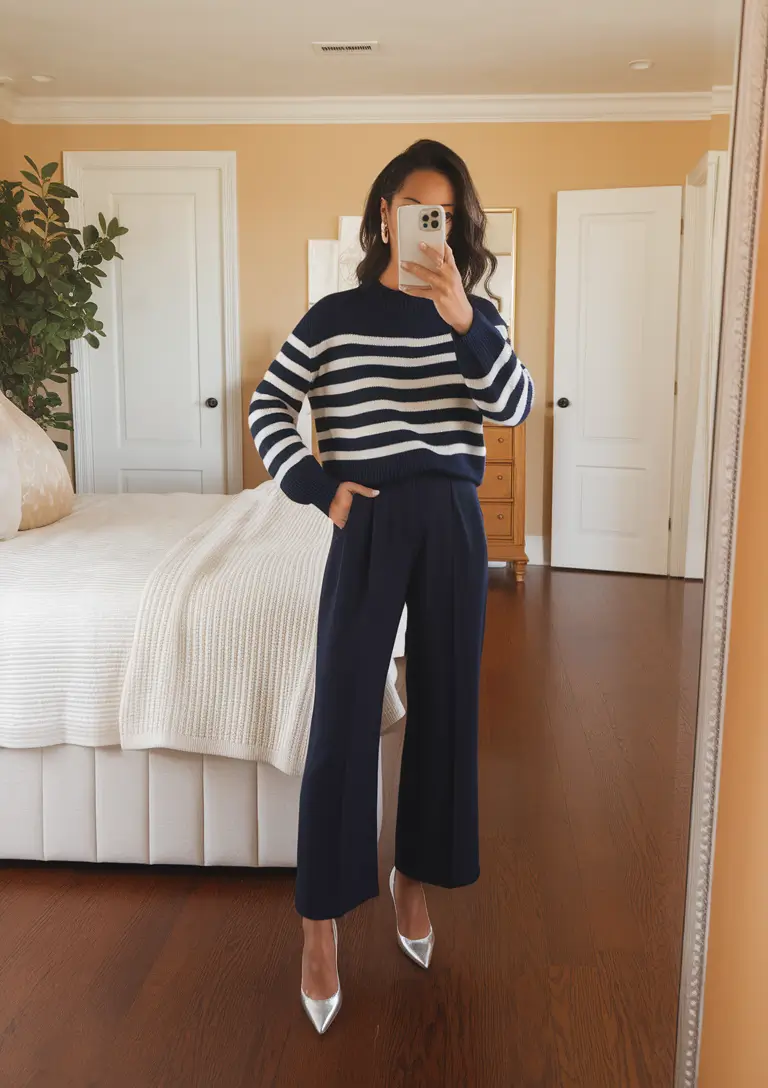 fall office outfits for women Striped and Cozy with Metallic Punch